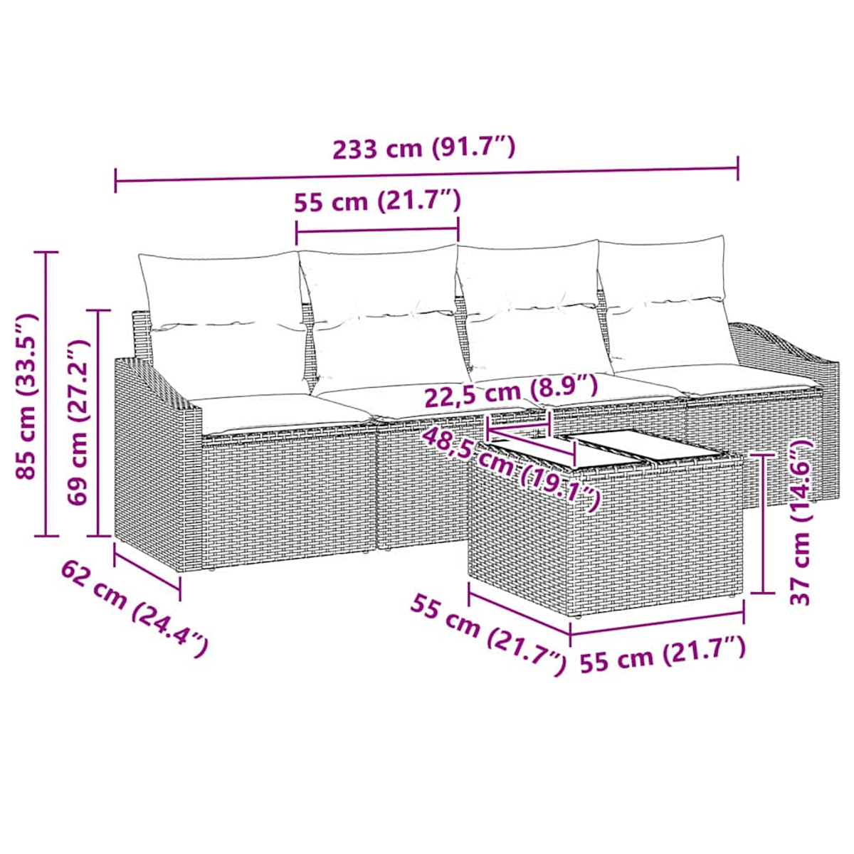 Ein geflochtenes Sofaset mit beschrifteten Abmessungen. Enthält einen Couchtisch und zwei Sitzteile.