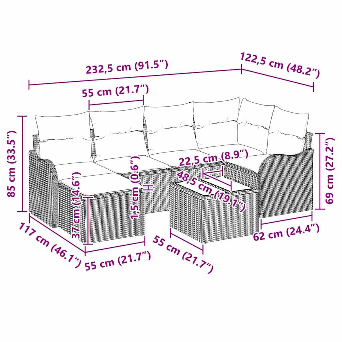 Geflochtenes Sofaset mit beschrifteten Abmessungen. Enthält einen Couchtisch und drei Sitzteile.