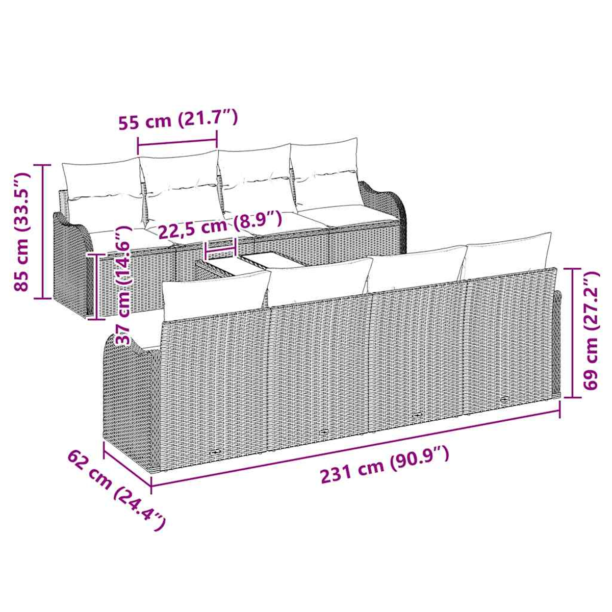 Geflochtenes Sofaset mit Maßen. Enthält ein Zweiersofa, einen Einzelsitz und einen Couchtisch.