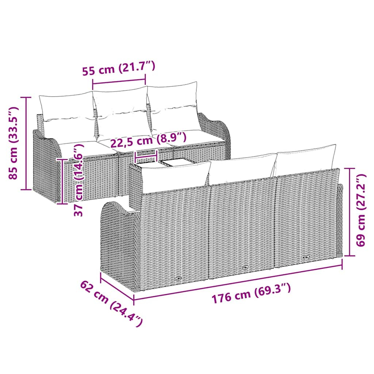 Geflochtenes Sofaset mit Maßen. Enthält ein Zweiersofa, einen Einzelsitz und einen Couchtisch.