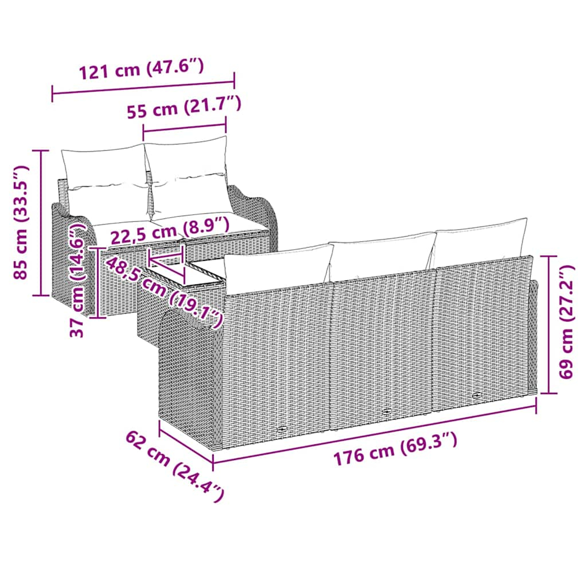 Geflochtenes Sofaset mit Maßen. Enthält ein Zweiersofa, einen Einzelsitz und einen Couchtisch.