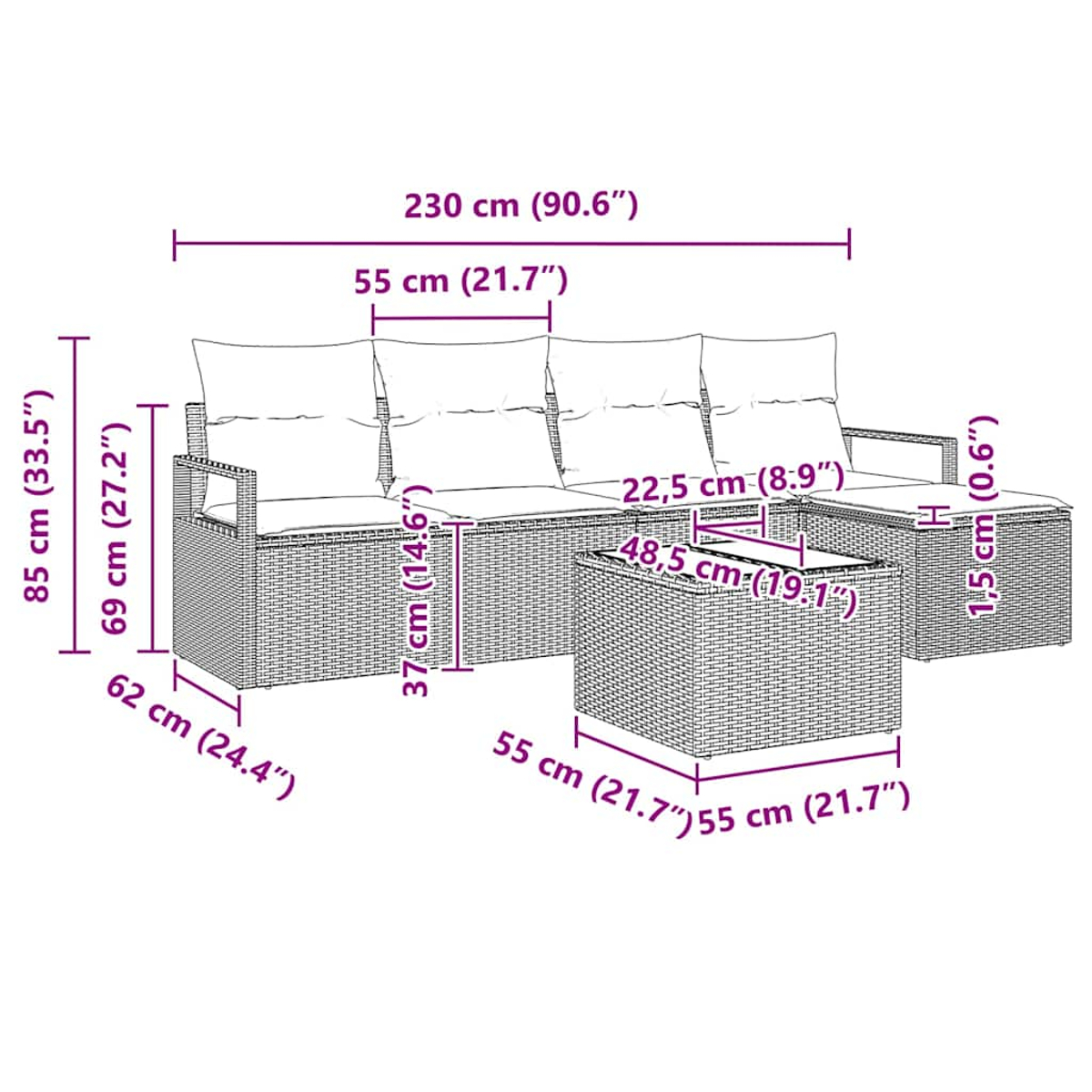 Geflochtenes Sofaset mit Maßen. Enthält ein Zweiersofa, einen Einzelsitz und einen Couchtisch.
