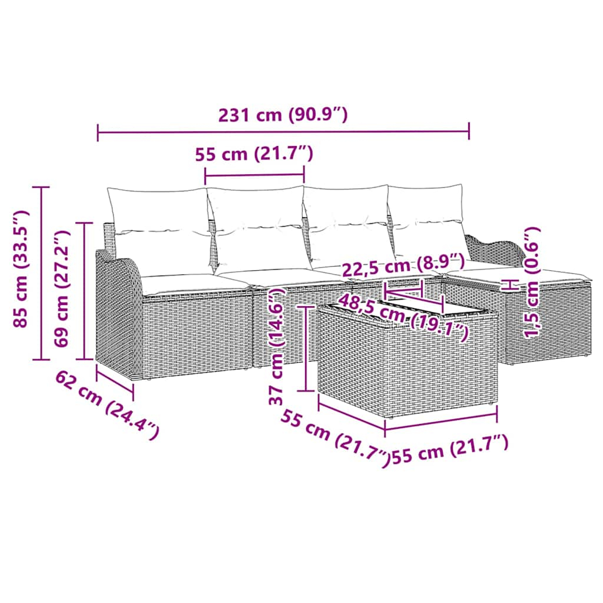 Ein Diagramm zeigt ein Rattansofa mit Kissen, einen passenden Tisch und Abmessungen in Zentimetern und Zoll.