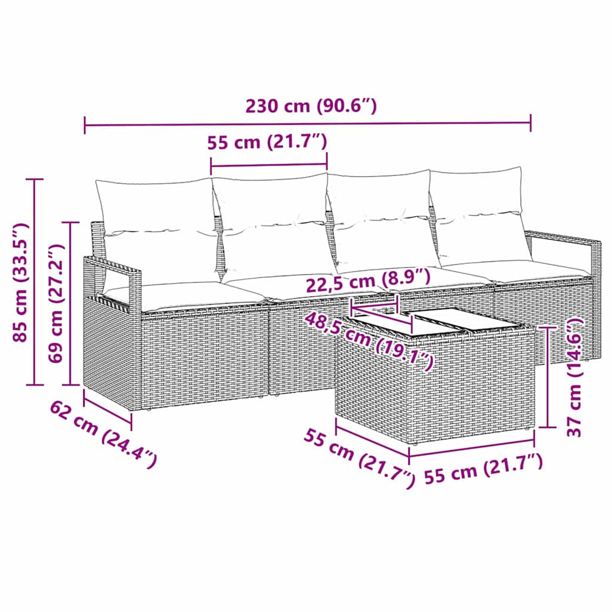 Geflochtenes Sofaset mit beschrifteten Abmessungen. Enthält einen Couchtisch und drei Sitzteile.