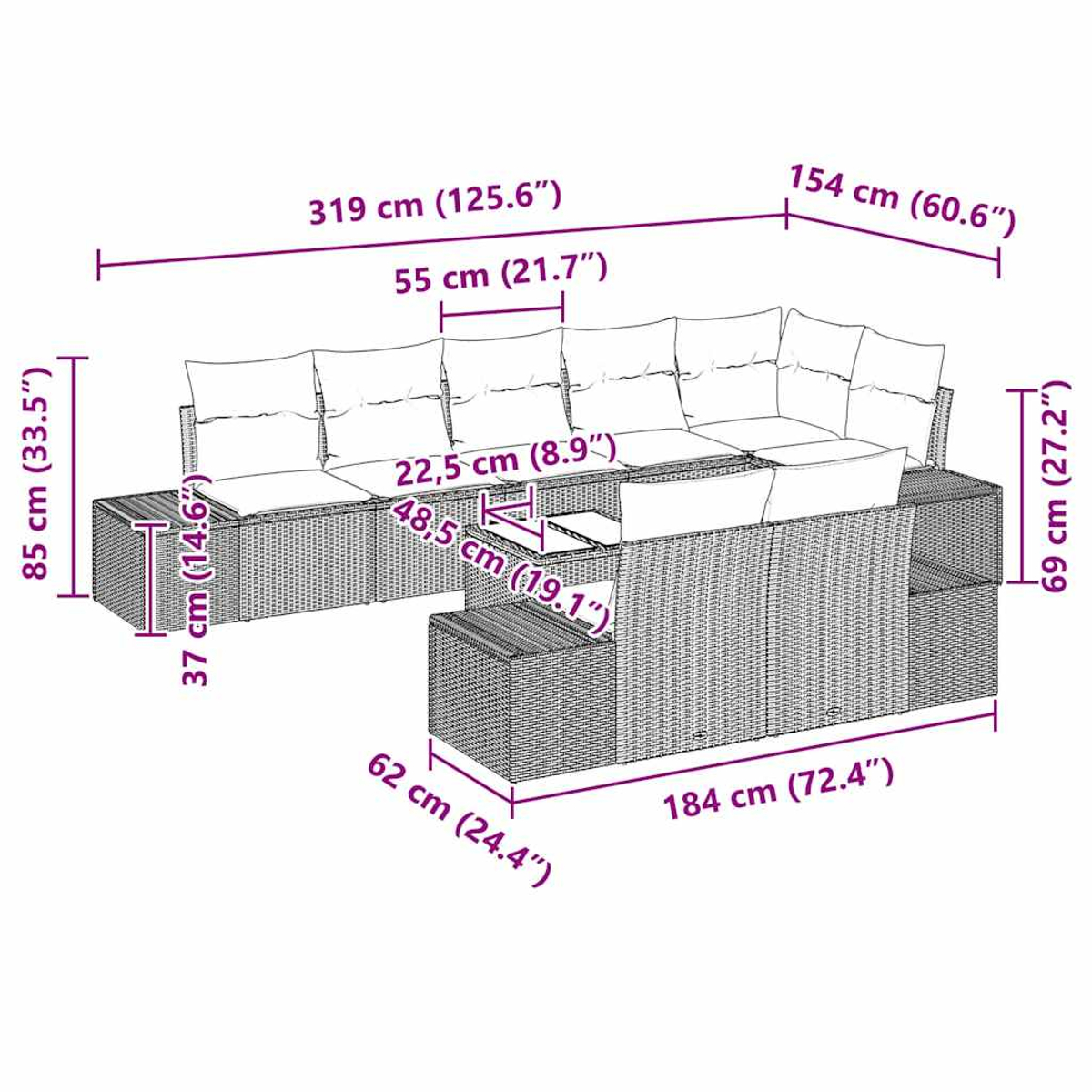 Ein Diagramm zeigt ein großes Rattansofa mit Kissen, einen passenden Tisch und Abmessungen in Zentimetern und Zoll.