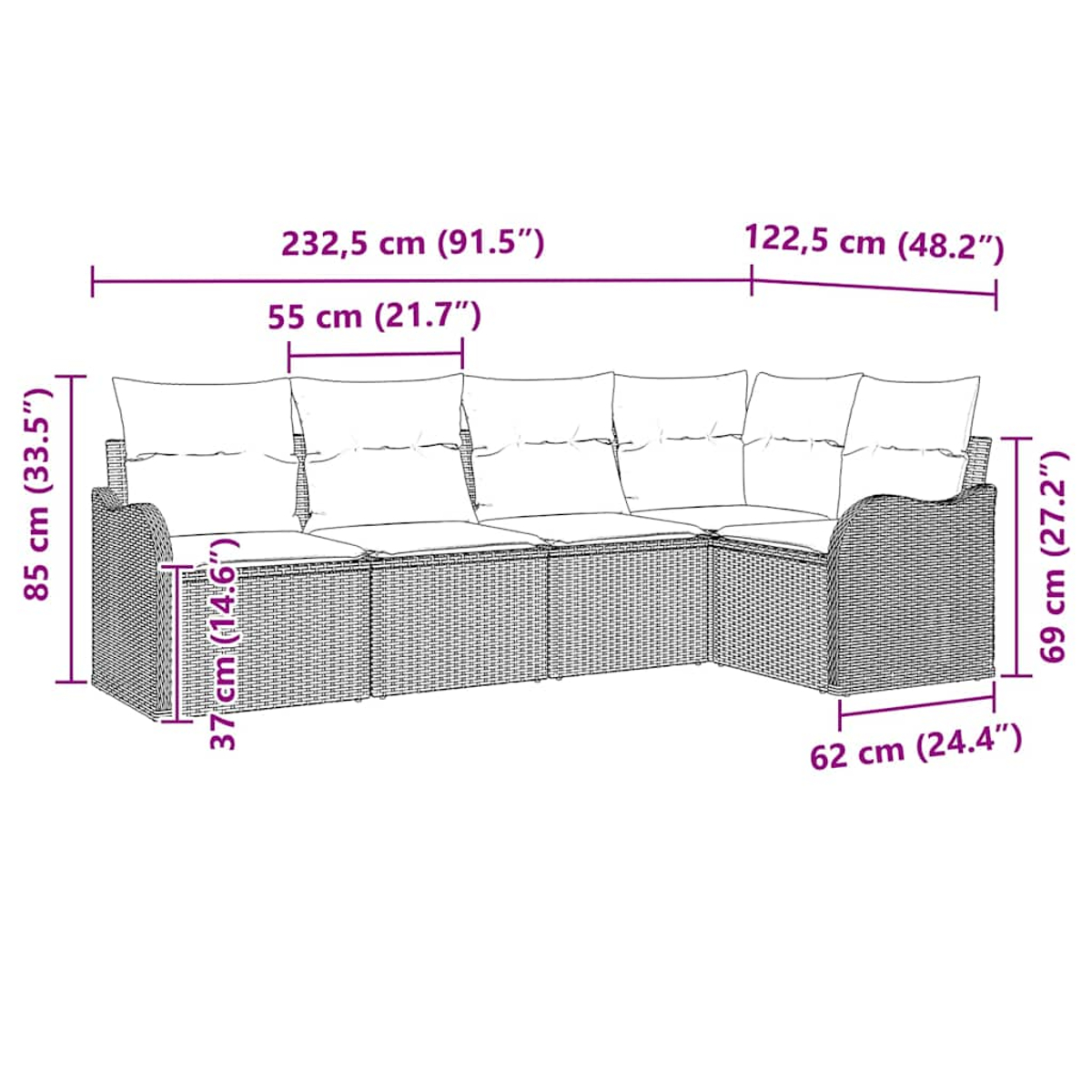 Ein Diagramm zeigt ein Rattansofa mit Kissen, einen passenden Tisch und Abmessungen in Zentimetern und Zoll.