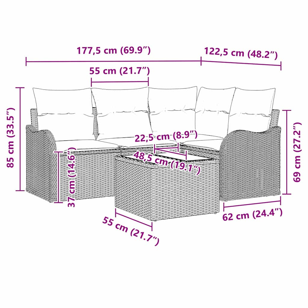Ein Diagramm zeigt ein Rattansofa mit Kissen, einen passenden Tisch und Abmessungen in Zentimetern und Zoll.