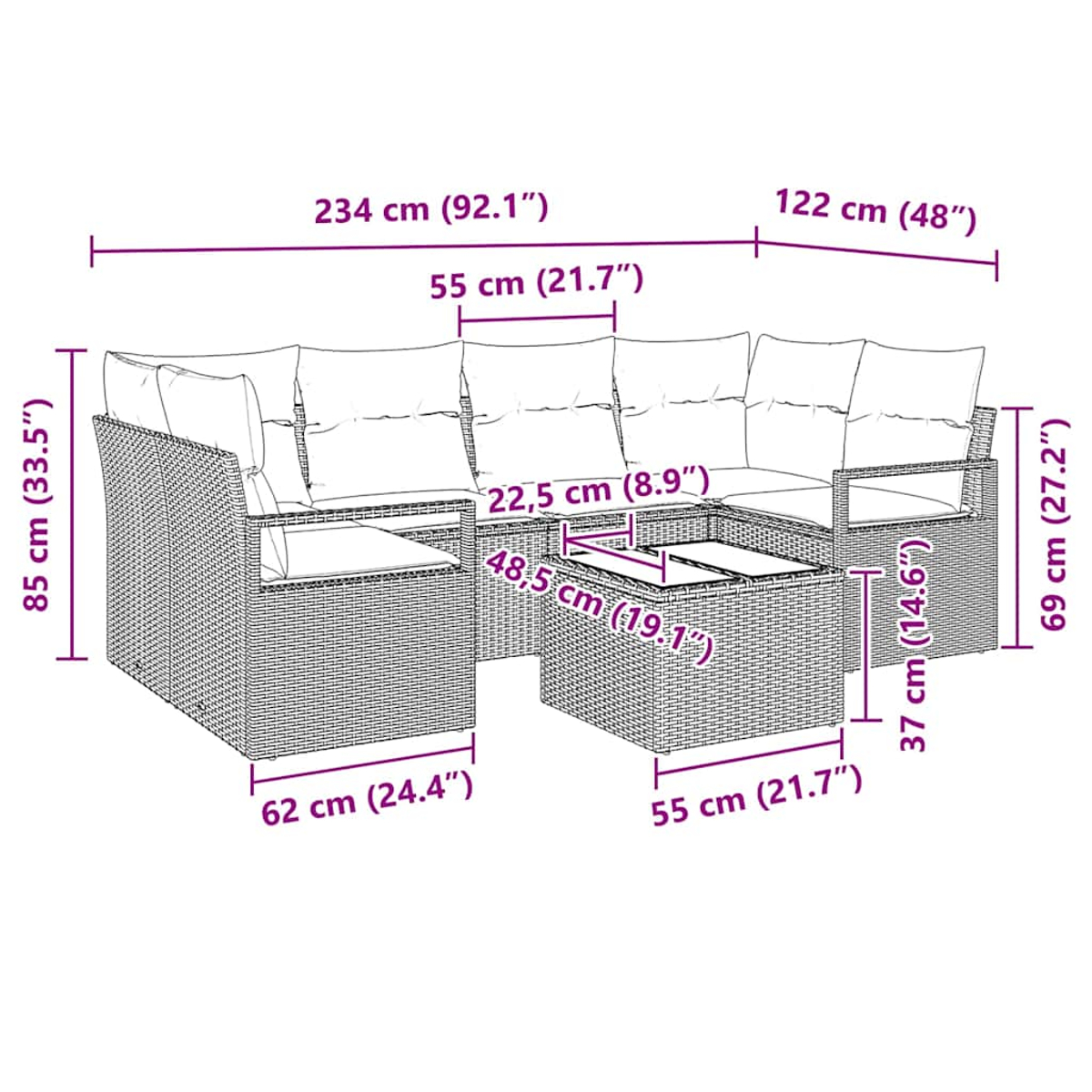 Ein geflochtenes Sofagarnitur mit Maßen, einschließlich eines Ecksofas und eines Couchtisches.
