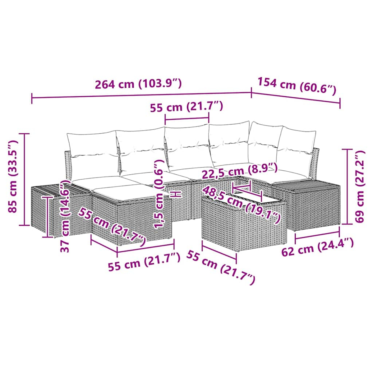 Un set di divani in vimini con dimensioni. Include un divano angolare, un pouf e un tavolino.