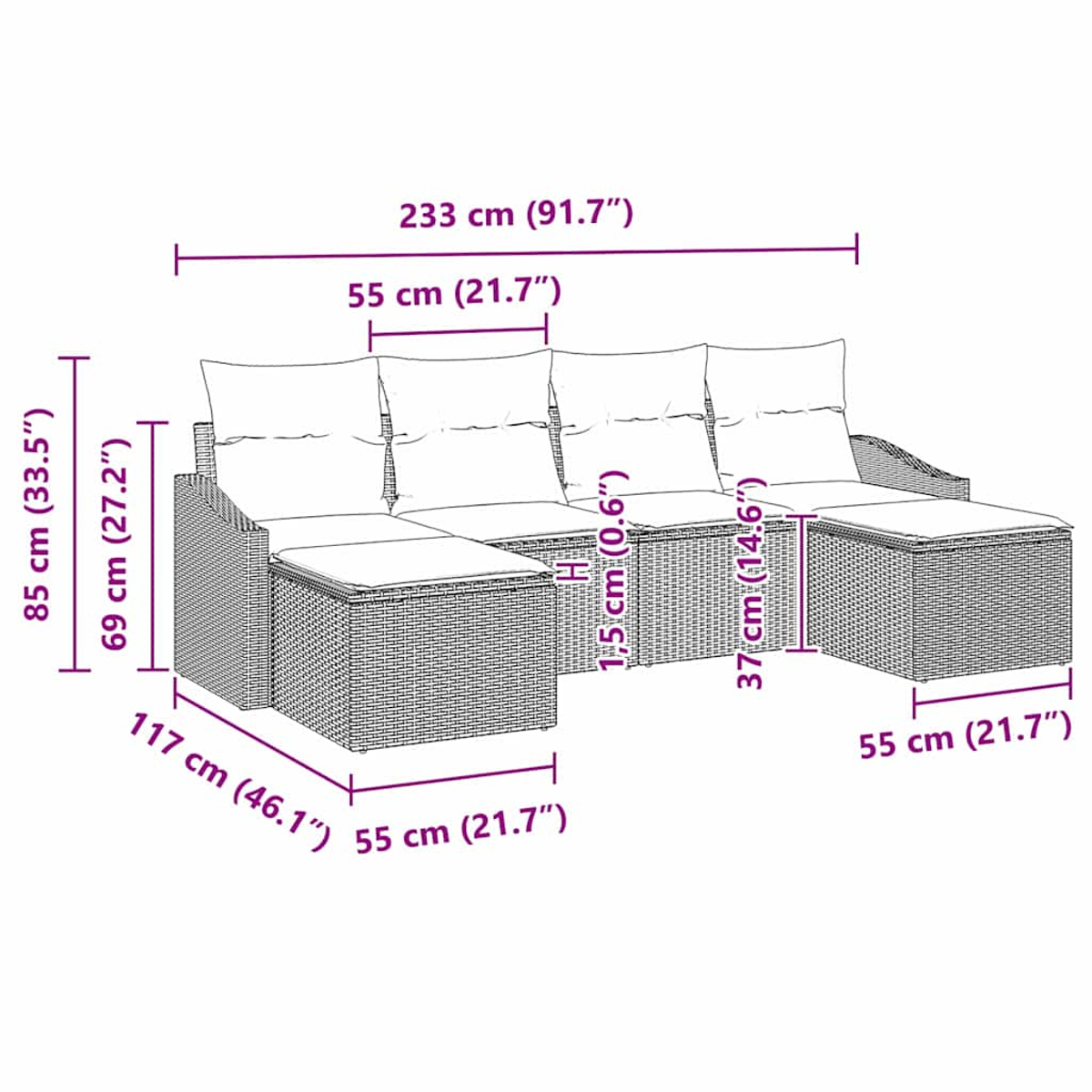 Ein Diagramm zeigt ein Rattansofa mit Kissen, einen passenden Tisch und Abmessungen in Zentimetern und Zoll.