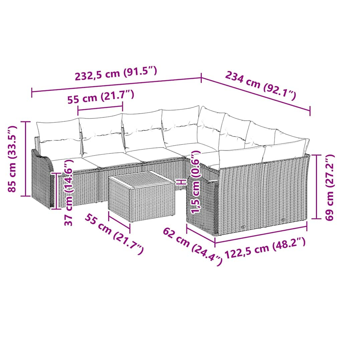 Ein Diagramm zeigt ein Rattansofa mit Kissen, einen passenden Tisch und Abmessungen in Zentimetern und Zoll.