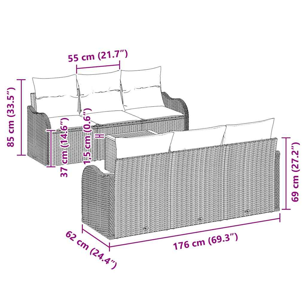 Un diagrama muestra un sofá de ratán con cojines y una mesa a juego, con dimensiones en centímetros y pulgadas.