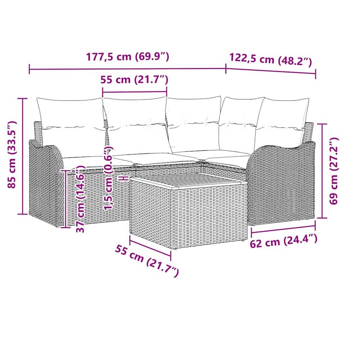 Ein Diagramm zeigt ein Rattansofa mit Kissen, einen passenden Tisch und Abmessungen in Zentimetern und Zoll.