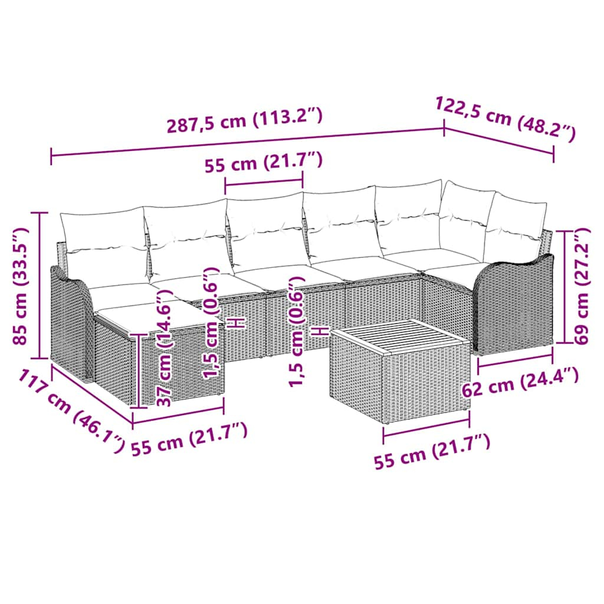 Ein Diagramm zeigt ein großes Rattansofa mit Kissen, einen passenden Tisch und Abmessungen in Zentimetern und Zoll.