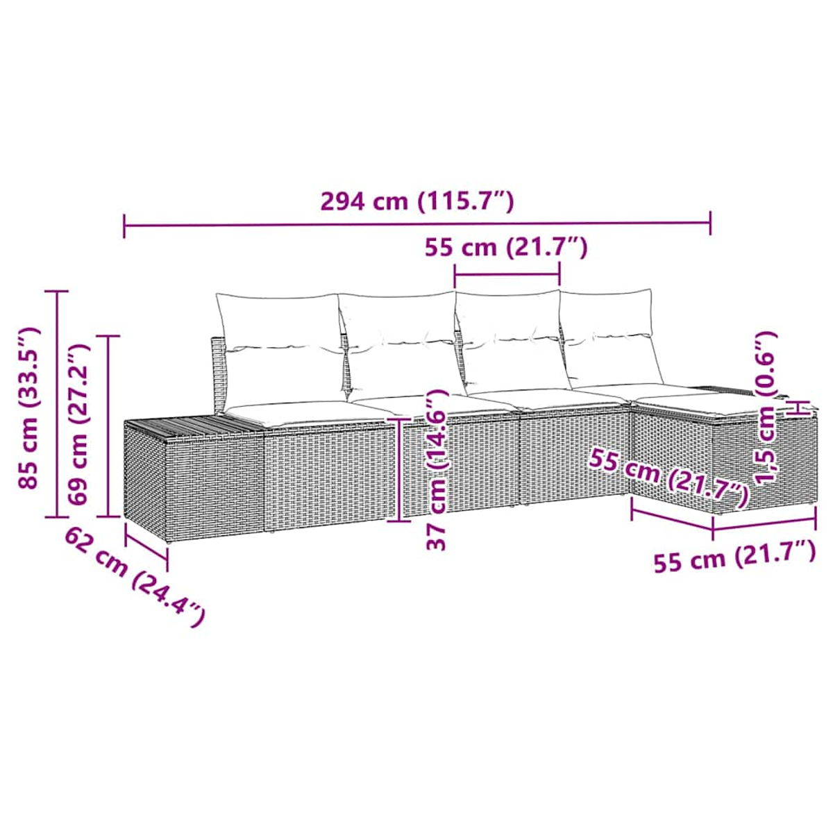 Ein geflochtenes Sofagarnitur mit Maßangaben. Das Set beinhaltet ein Dreisitzer-Sofa und eine Chaiselongue.
