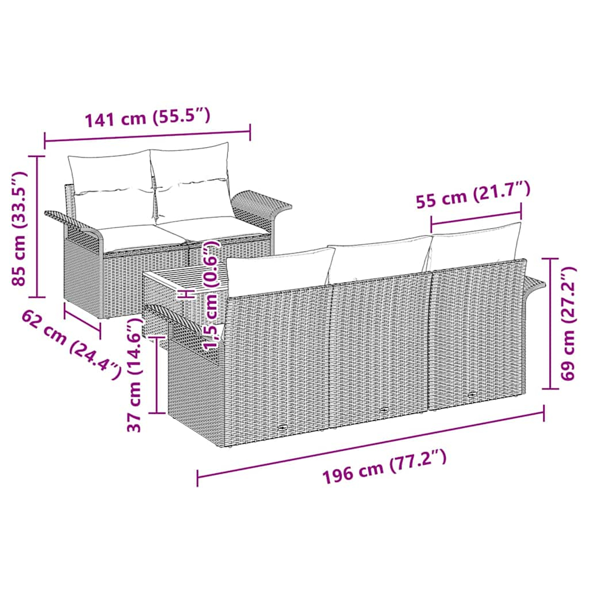Ein geflochtenes Zweisitzer-Sofa und ein Dreisitzer-Sofa mit Maßangaben.