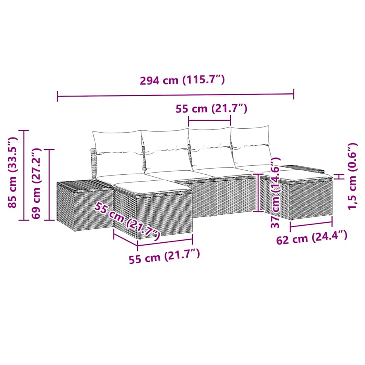 Ein geflochtenes Sofagarnitur mit Dreisitzer-Sofa, Chaiselongue und Ottomane, alle mit Maßangaben.