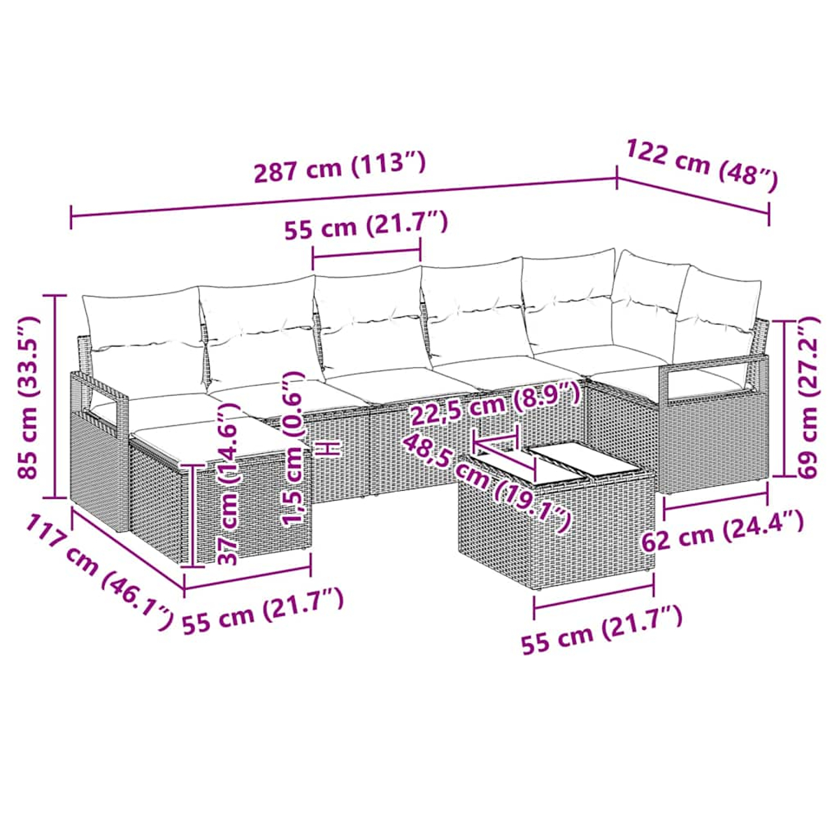 Ein geflochtenes Ecksofa mit Maßen in cm und Zoll, mit Kissen und einem kleinen Tisch.