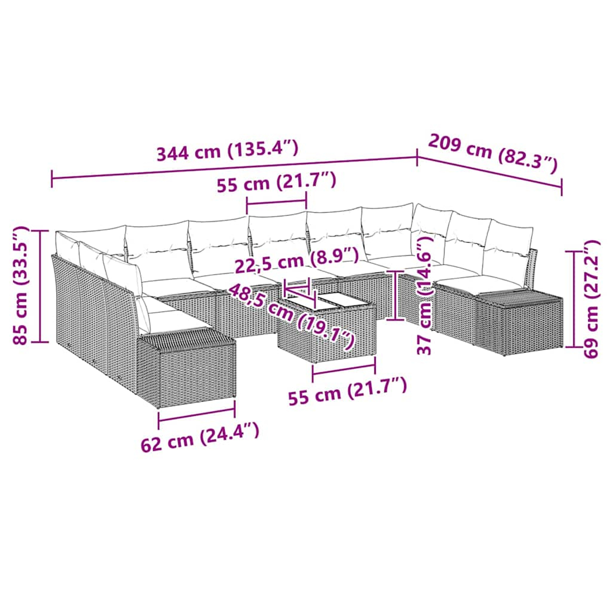 Ein großes geflochtenes Ecksofa mit Kissen und einem Tisch, Maße in cm und Zoll.