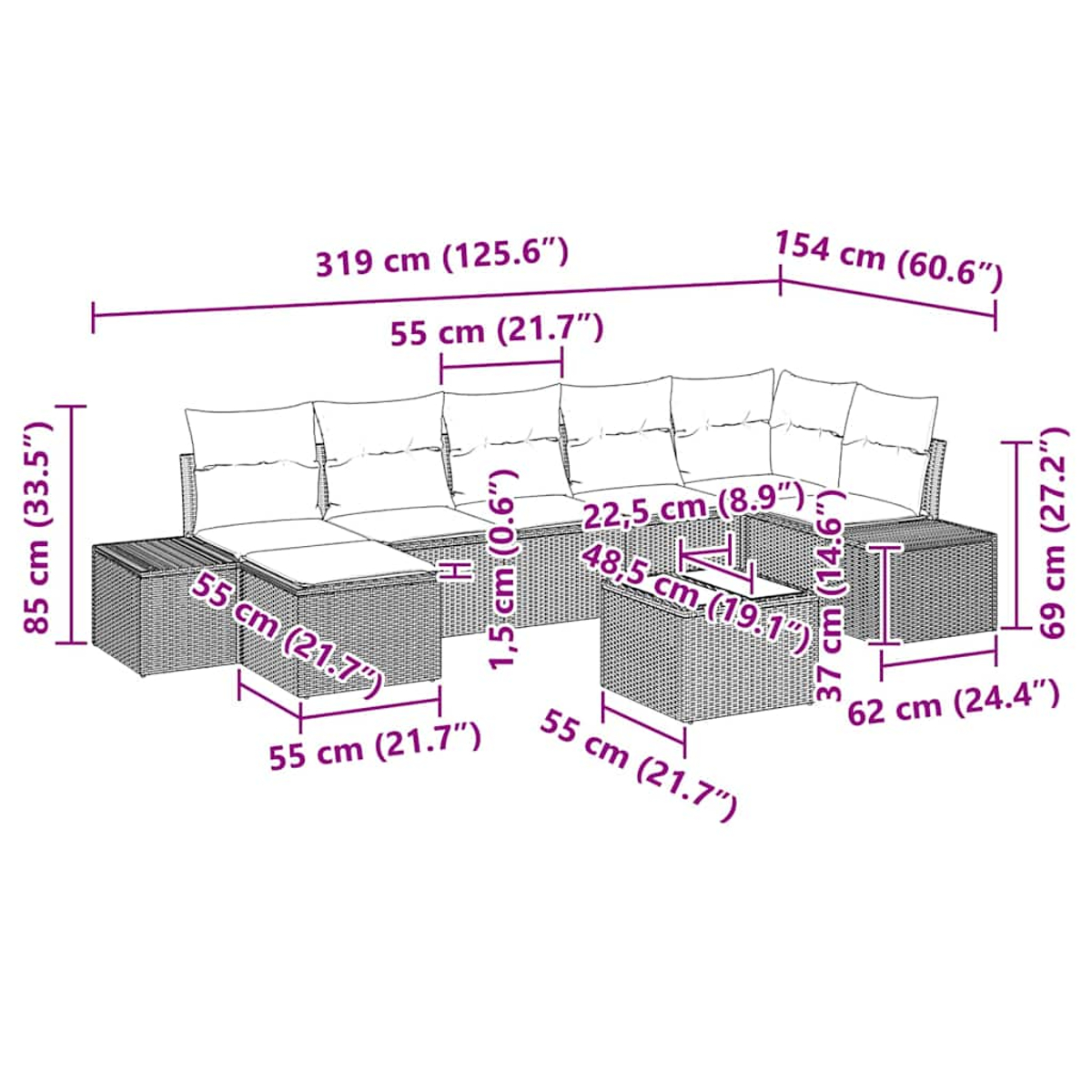 Ein geflochtenes Ecksofa mit Maßen, cm und Zoll, mit Kissen und einem Tisch.