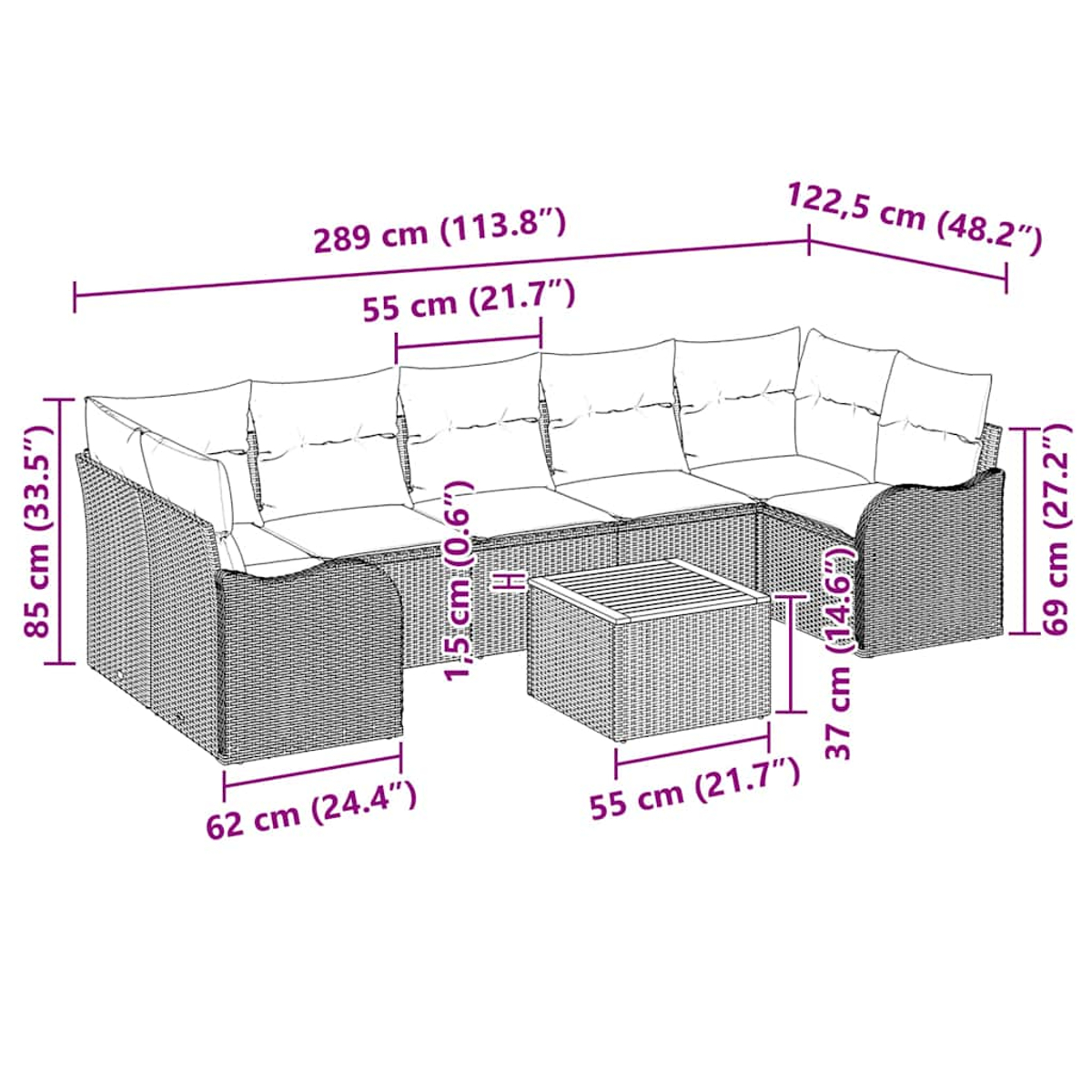 Un sofá seccional de mimbre con dimensiones, cm y pulgadas, con cojines y una mesa.