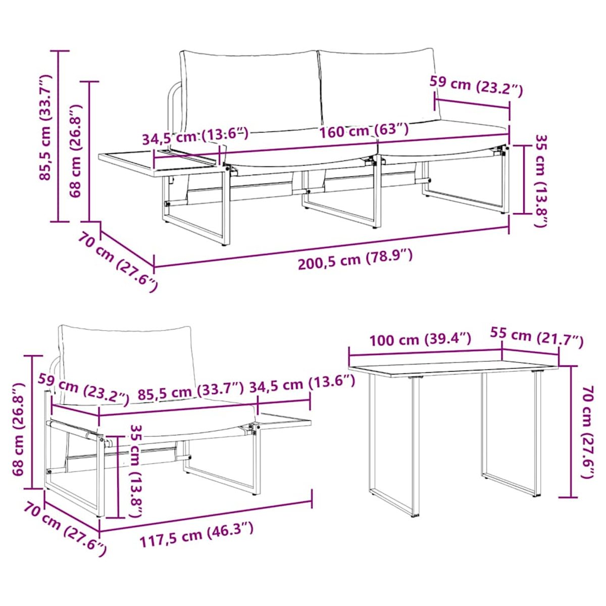 Ein Outdoor-Möbelset mit Zweisitzer-Sofa, Einzelsitz und Tisch. Maße in cm und Zoll.