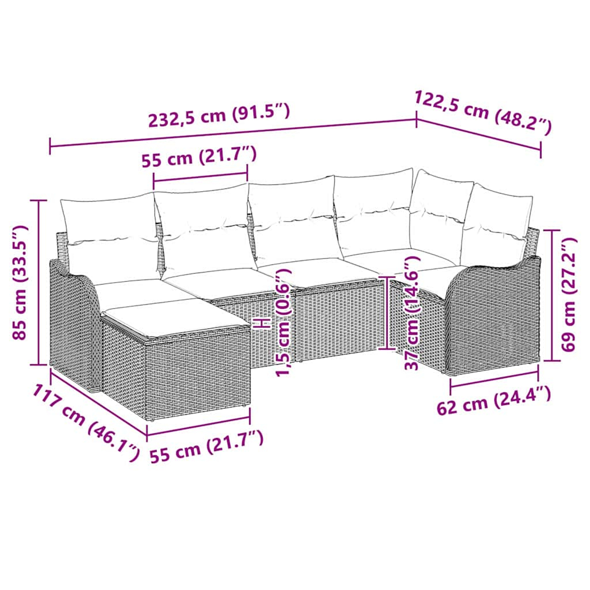 Ein geflochtenes Outdoor-Ecksofa mit Maßen; mit Kissen und Ottoman.