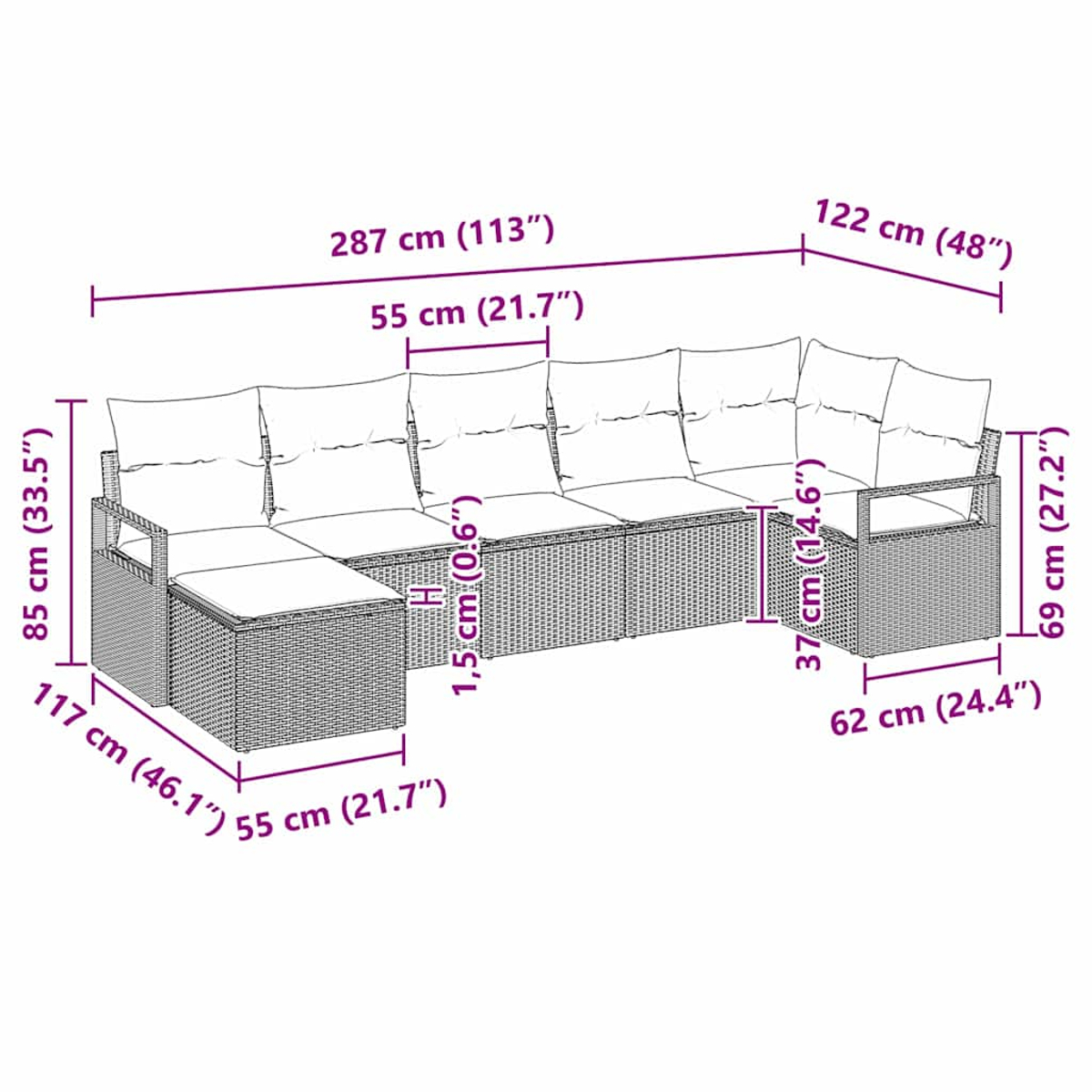 Ein geflochtenes Outdoor-Ecksofa mit Maßen; mit Kissen und Ottoman.