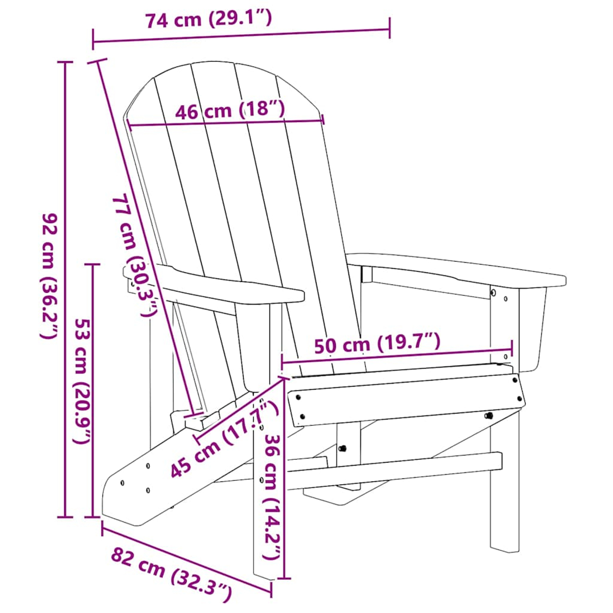 Ein Adirondack-Stuhl aus Holz mit Maßen, mit Lattenrücken und Armlehnen.