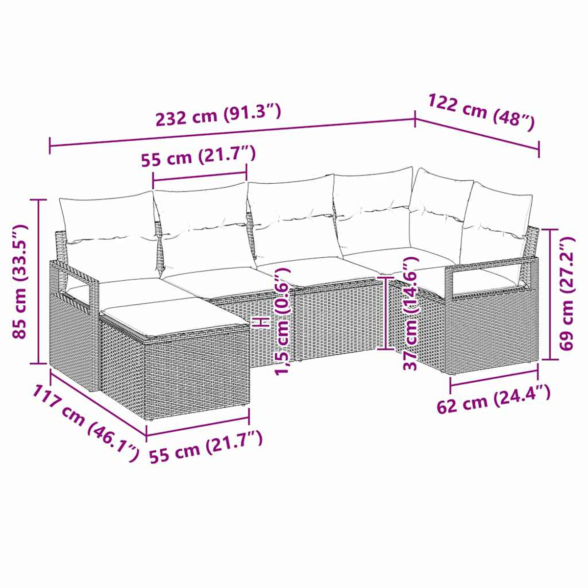 Ein geflochtenes Outdoor-Ecksofa mit Maßen; mit Kissen und Ottoman.