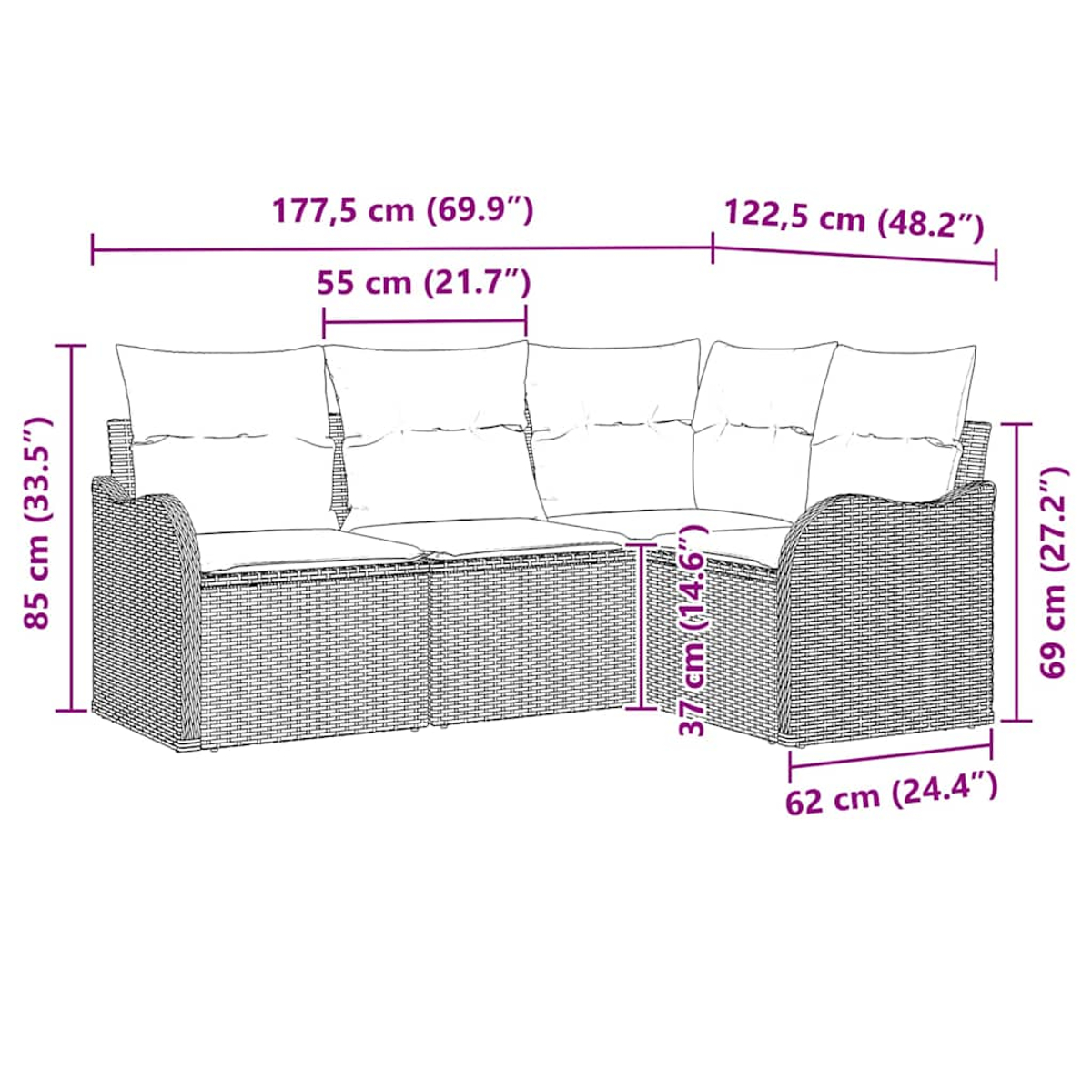 Ein braunes Ecksofa aus Korbgeflecht mit Maßen. Das Sofa ist L-förmig mit Kissen.