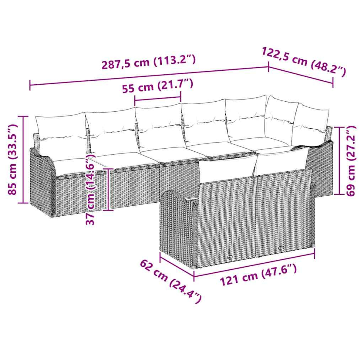 Ein geflochtenes Outdoor-Ecksofa mit Maßen; mit Kissen und Ottoman.