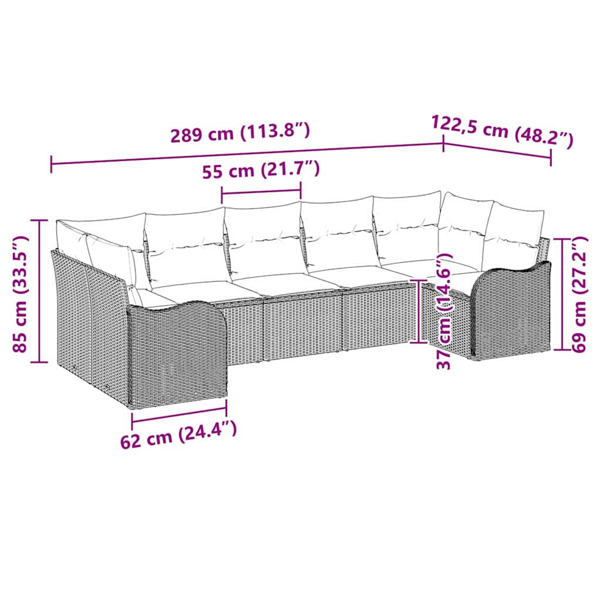 Ein braunes Ecksofa aus Korbgeflecht mit Kissen und Maßen. Das Sofa ist L-förmig und hat ein modernes Design.