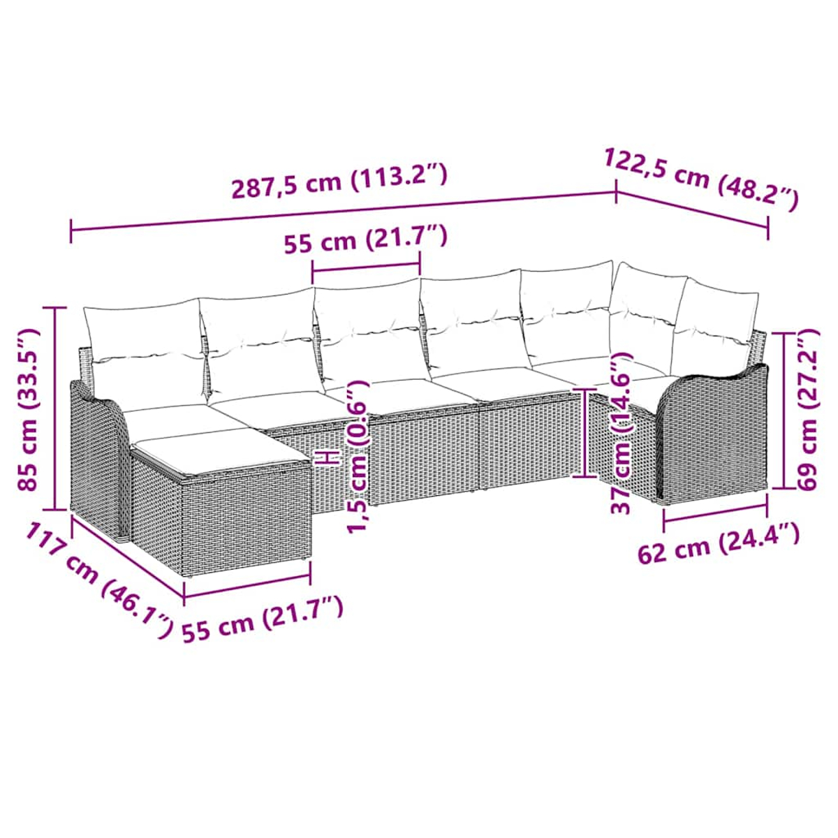 Ein braunes Ecksofa aus Korbgeflecht mit Kissen und Maßen in cm. Es ist ein L-förmiges Design.