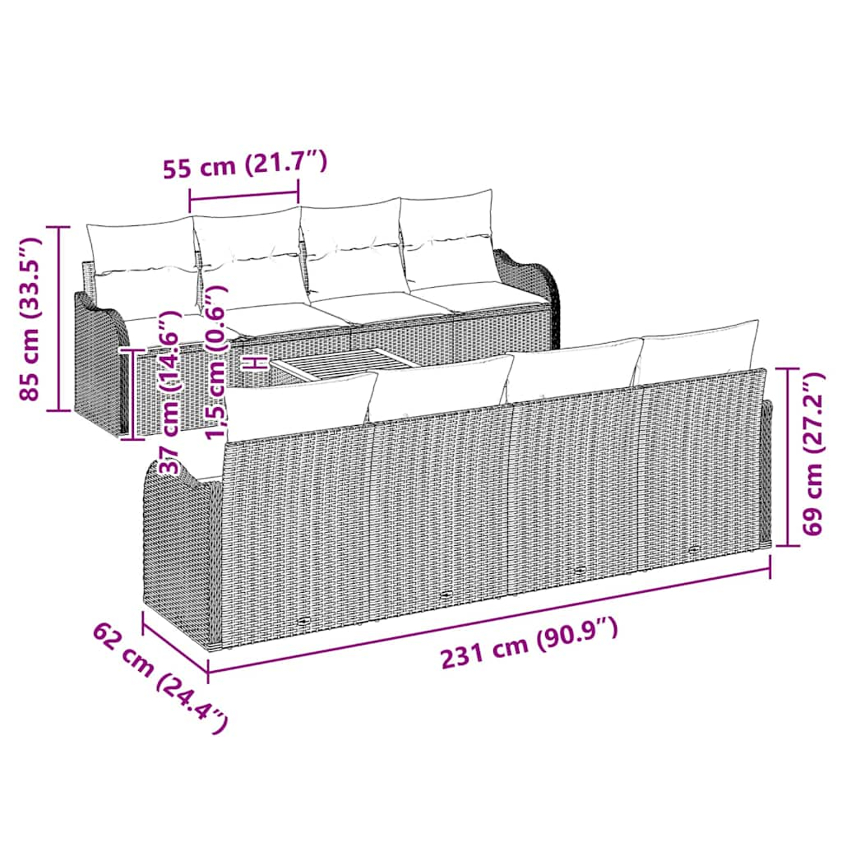Ein Korbsofa und ein Ottomanen-Set mit Maßen. Kissen sind auf dem Sofa und ein kleiner Tisch ist vorhanden.
