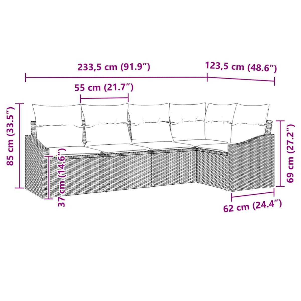 Ein braunes Ecksofa aus Korbgeflecht mit Kissen und Maßen. Das Sofa ist L-förmig und hat ein modernes Design.