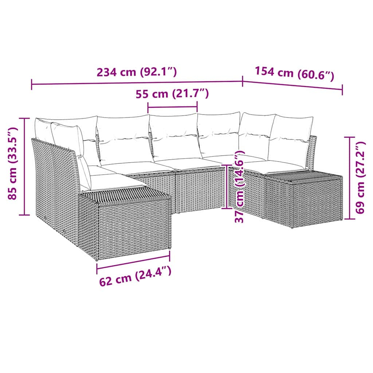 Ein braunes Ecksofa aus Korbgeflecht mit Kissen und Maßen. Das Sofa ist L-förmig und hat ein modernes Design.