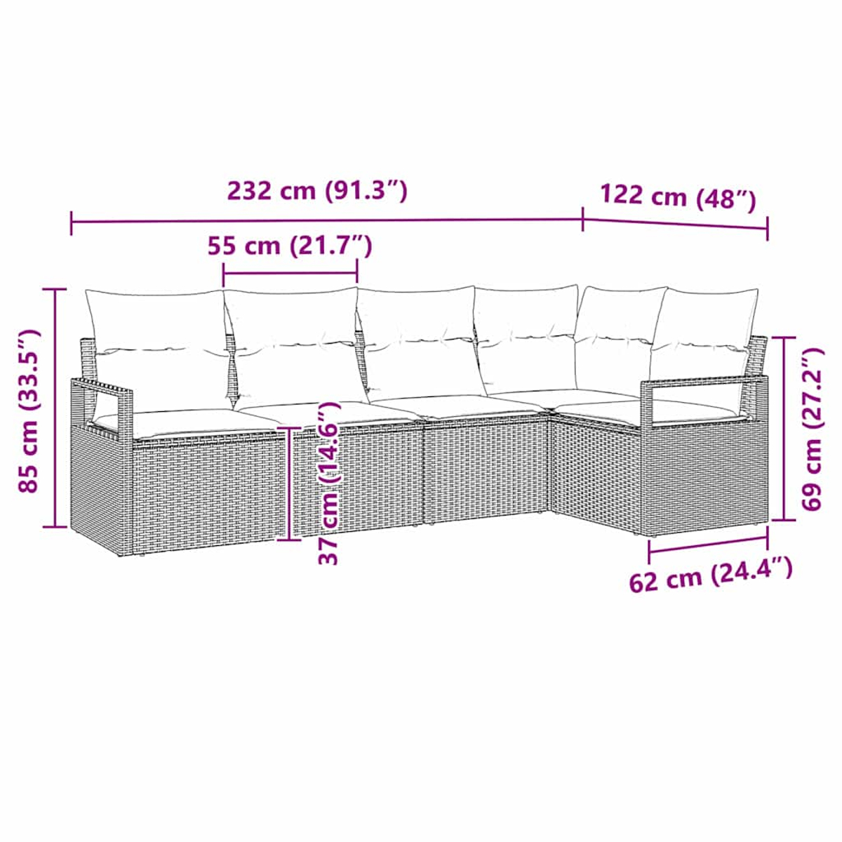 Ein braunes Ecksofa aus Korbgeflecht mit Kissen und Maßen. Das Sofa ist L-förmig und hat ein modernes Design.
