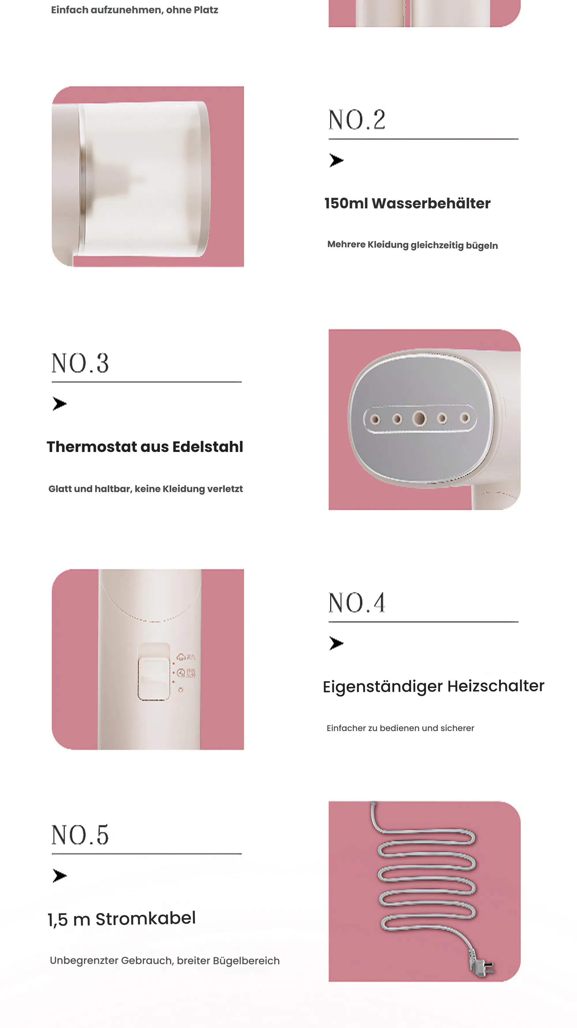 Ein Diagramm mit Produktmerkmalen für ein Dampfbügeleisen, mit Bildern und Beschreibungen auf Deutsch.