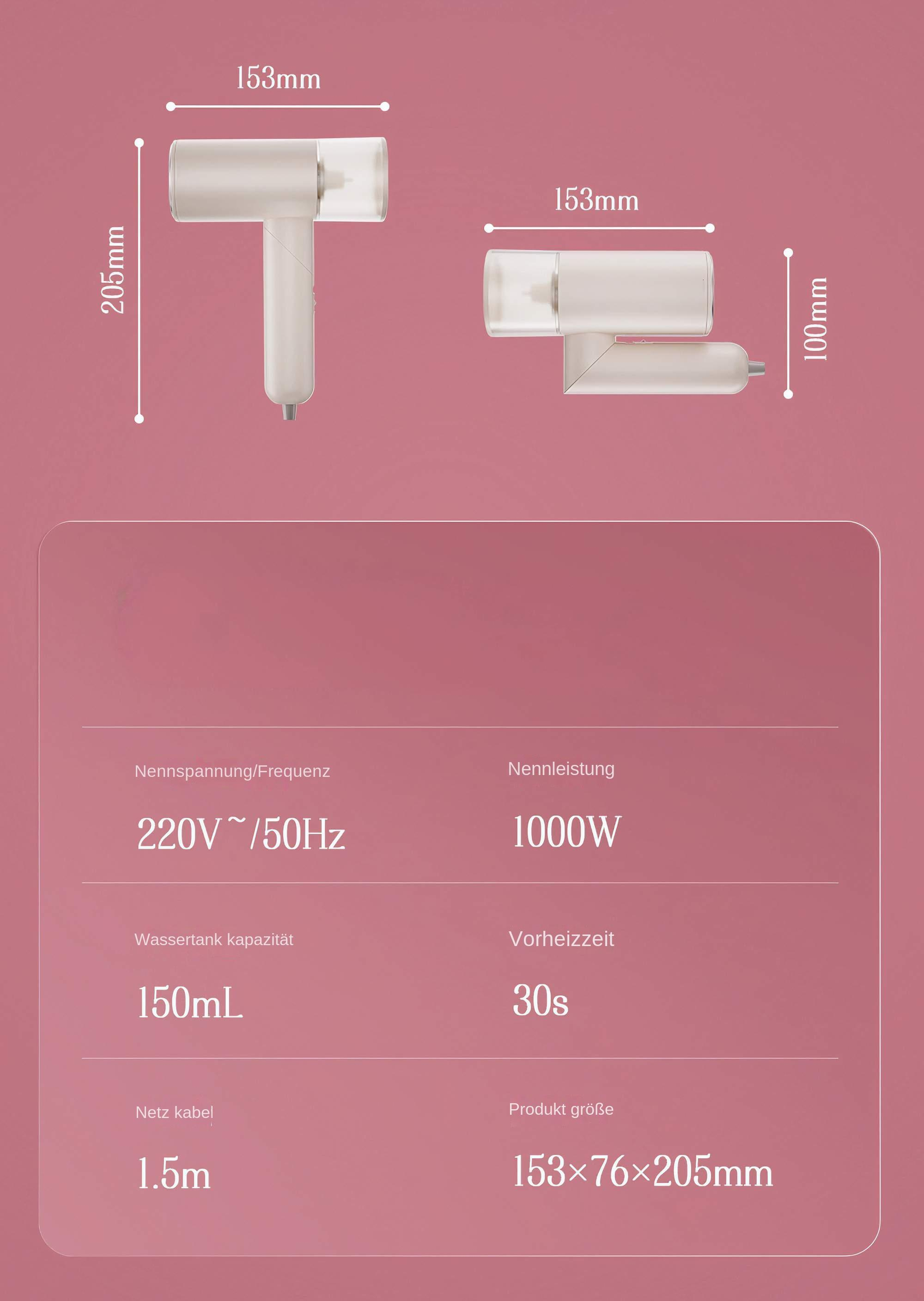 Ein Diagramm mit Maßen für ein Dampfbügeleisen und beschreibendem Text auf rosa Hintergrund, mit Produktdetails.
