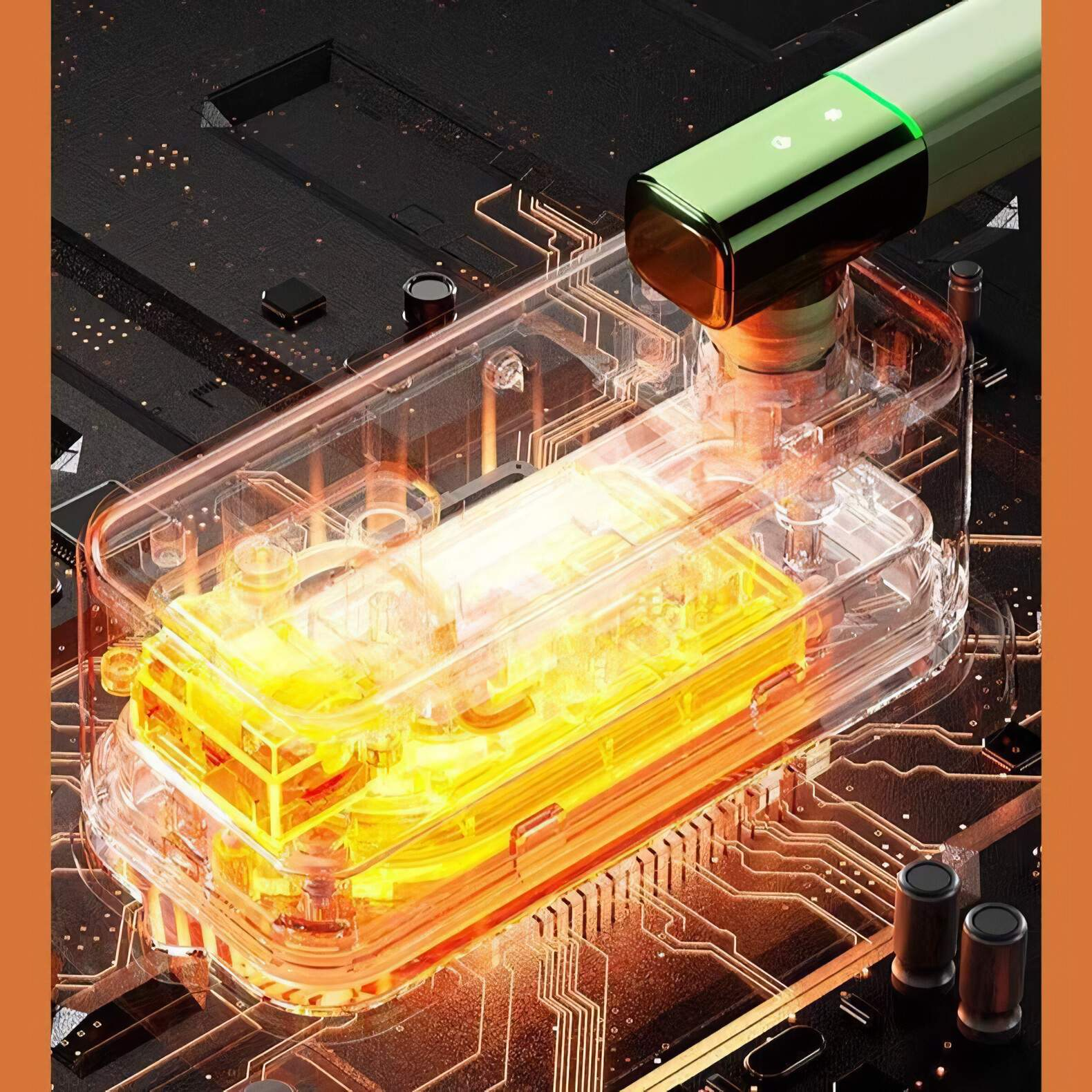 Ein Bügeleisen mit transparentem Gehäuse, das die inneren Komponenten und grüne Details zeigt. Der Hintergrund ist orange.