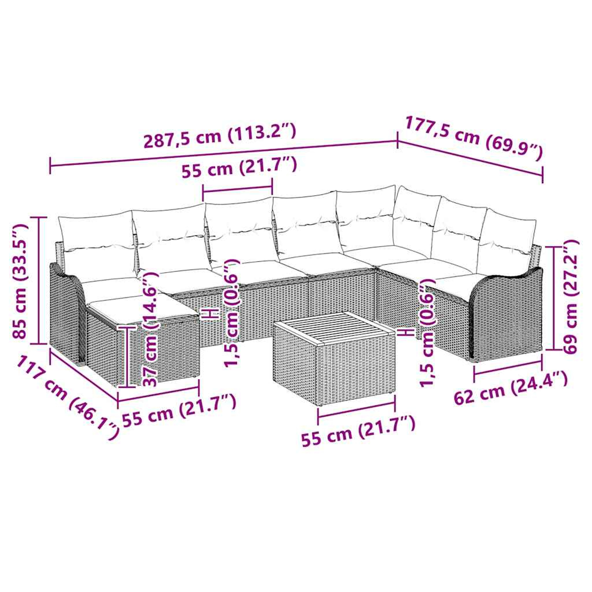 L-förmiges Outdoor-Sofa mit beschrifteten Abmessungen. Enthält einen Couchtisch. Weißer Hintergrund.