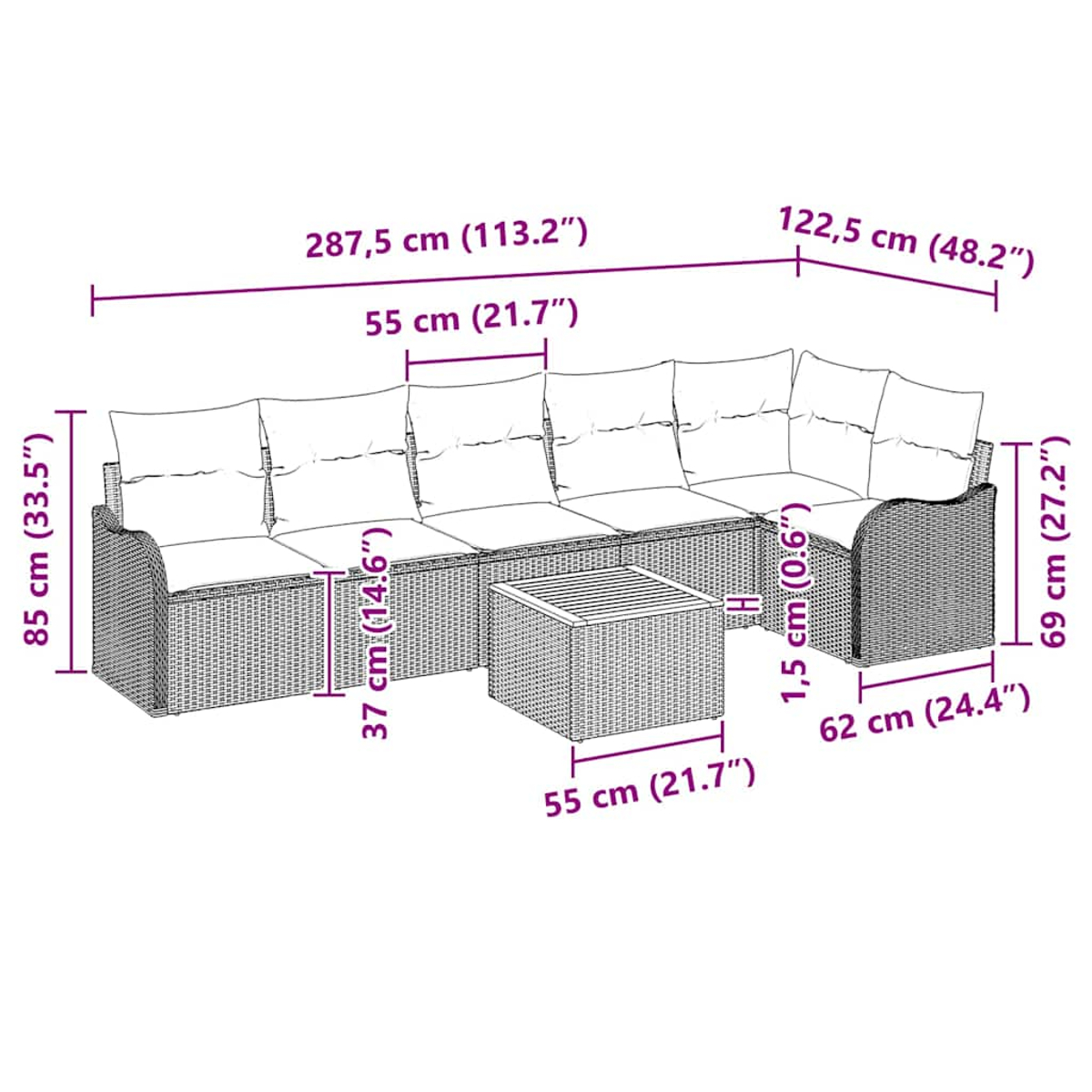 Outdoor-Korbsitzgruppe mit beschrifteten Abmessungen. Es gibt ein Sofa und einen Couchtisch.