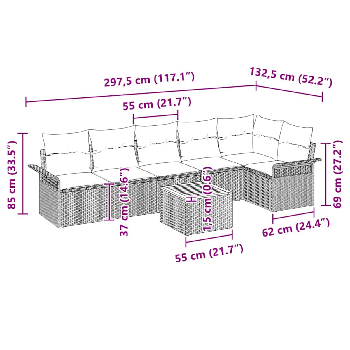 Outdoor-Korbsitzgruppe. Abmessungen sind beschriftet, bestehend aus Sofa und Tisch.