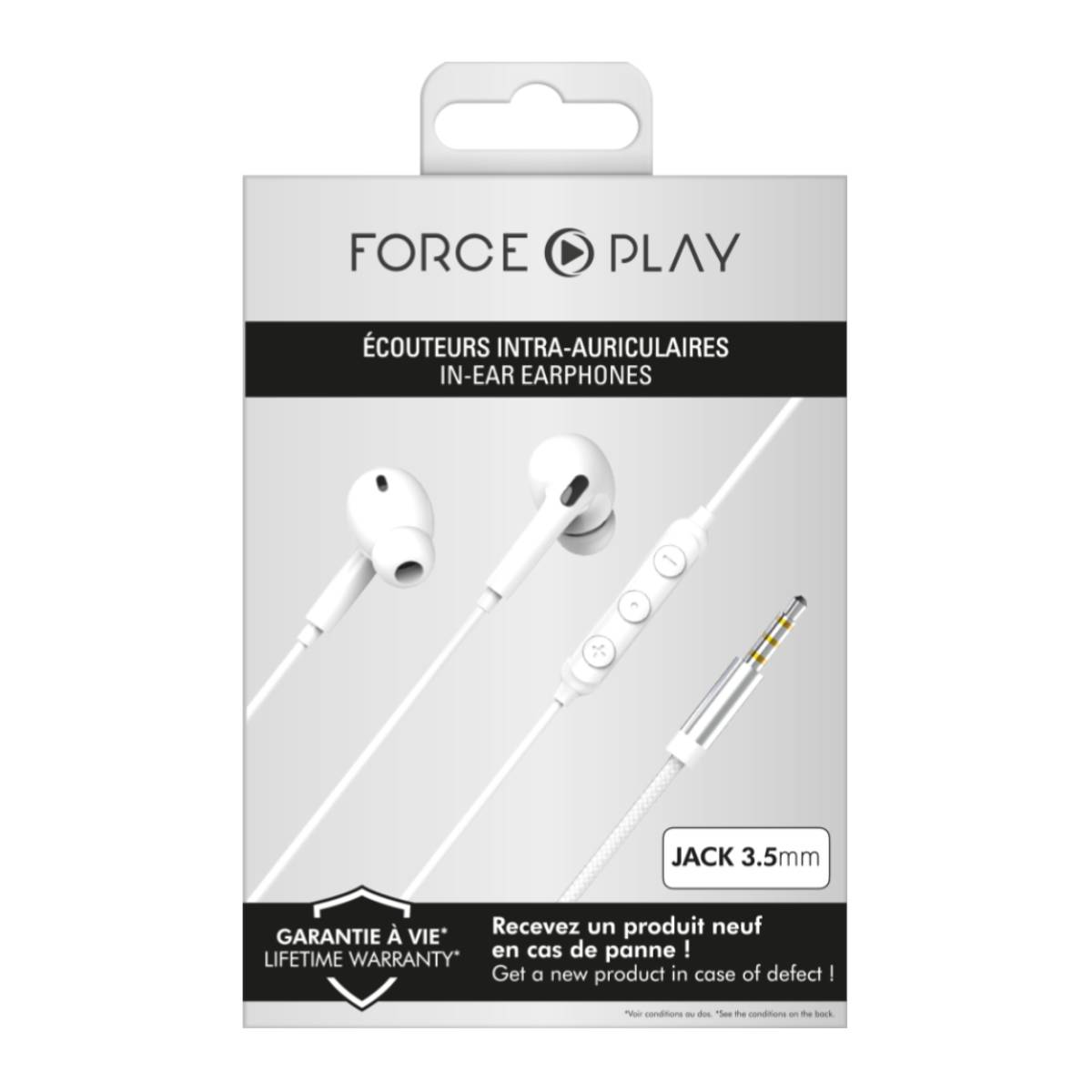 Auriculares intrauditivos blancos con panel de control y jack. Garantía de por vida.