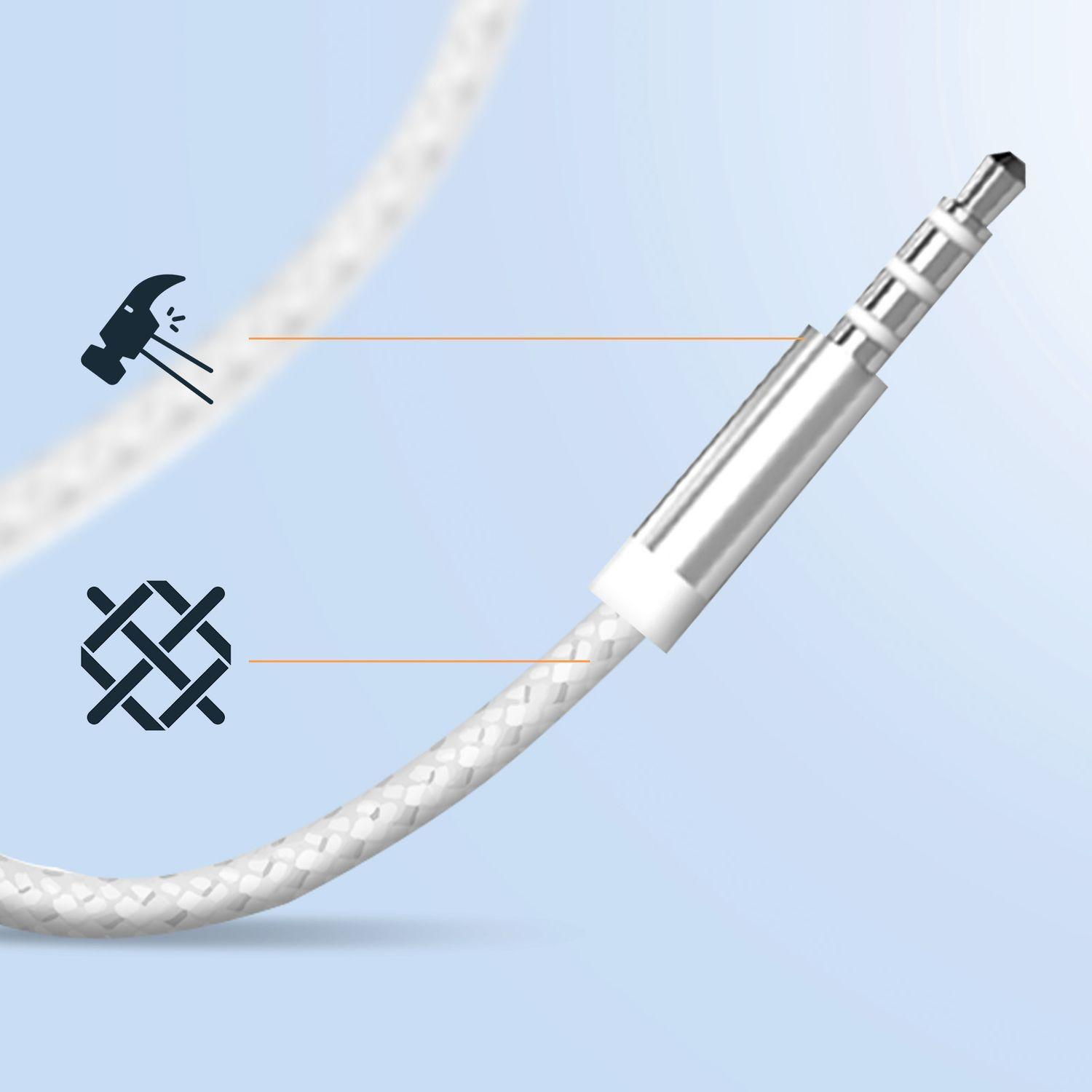 Un cable trenzado blanco con un conector plateado. Dos iconos indican durabilidad: un martillo y una cruz.