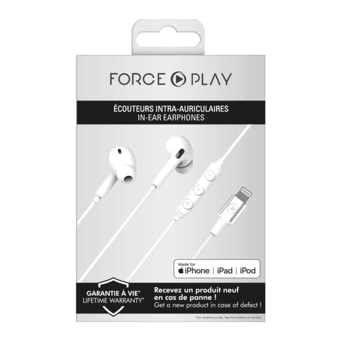 Opakowanie słuchawek z białymi słuchawkami, pilotem i złączem Lightning. Tekst jest widoczny na opakowaniu.