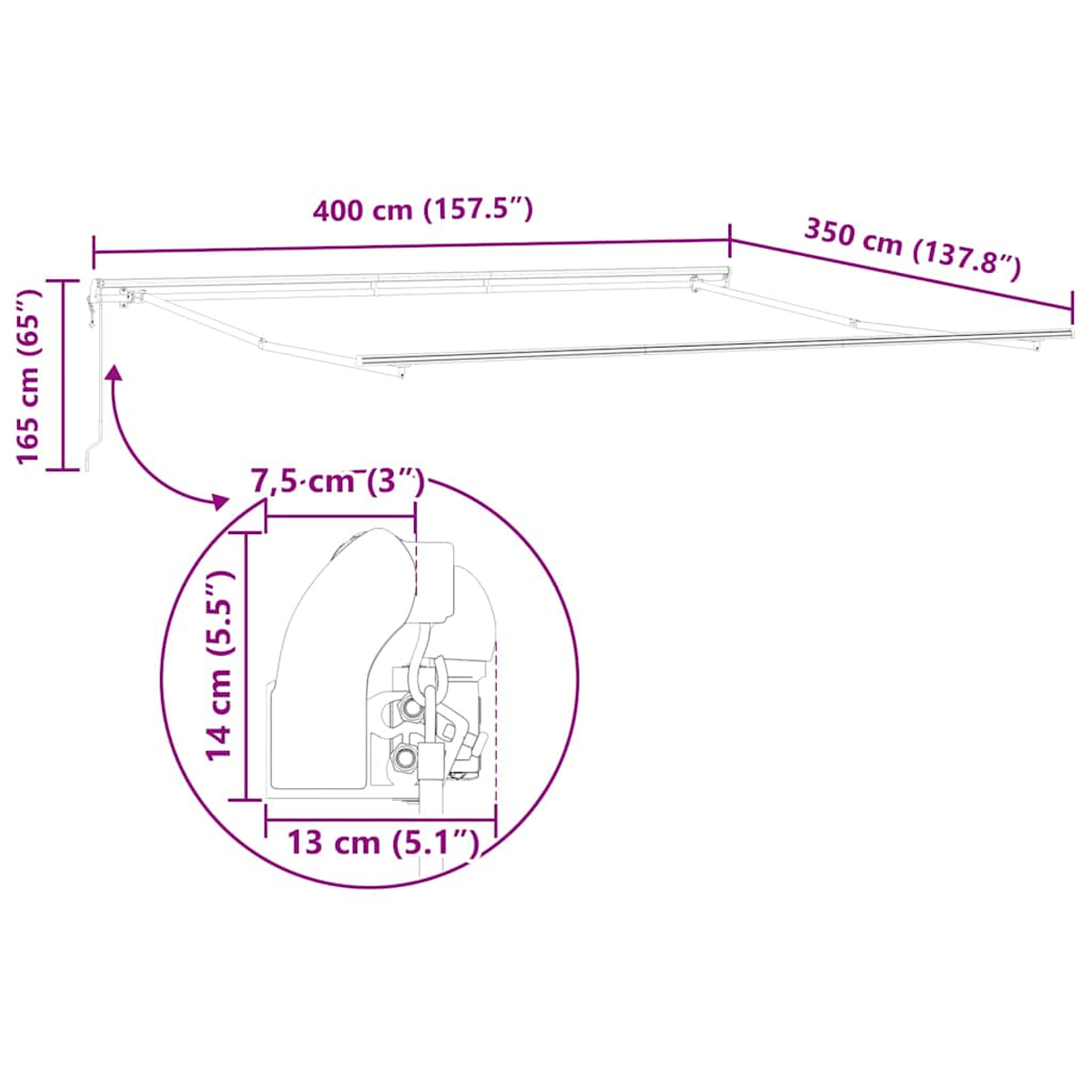Diagramm einer Markise mit Maßen. Eine detaillierte Ansicht hebt die Abmessungen des Mechanismus hervor.