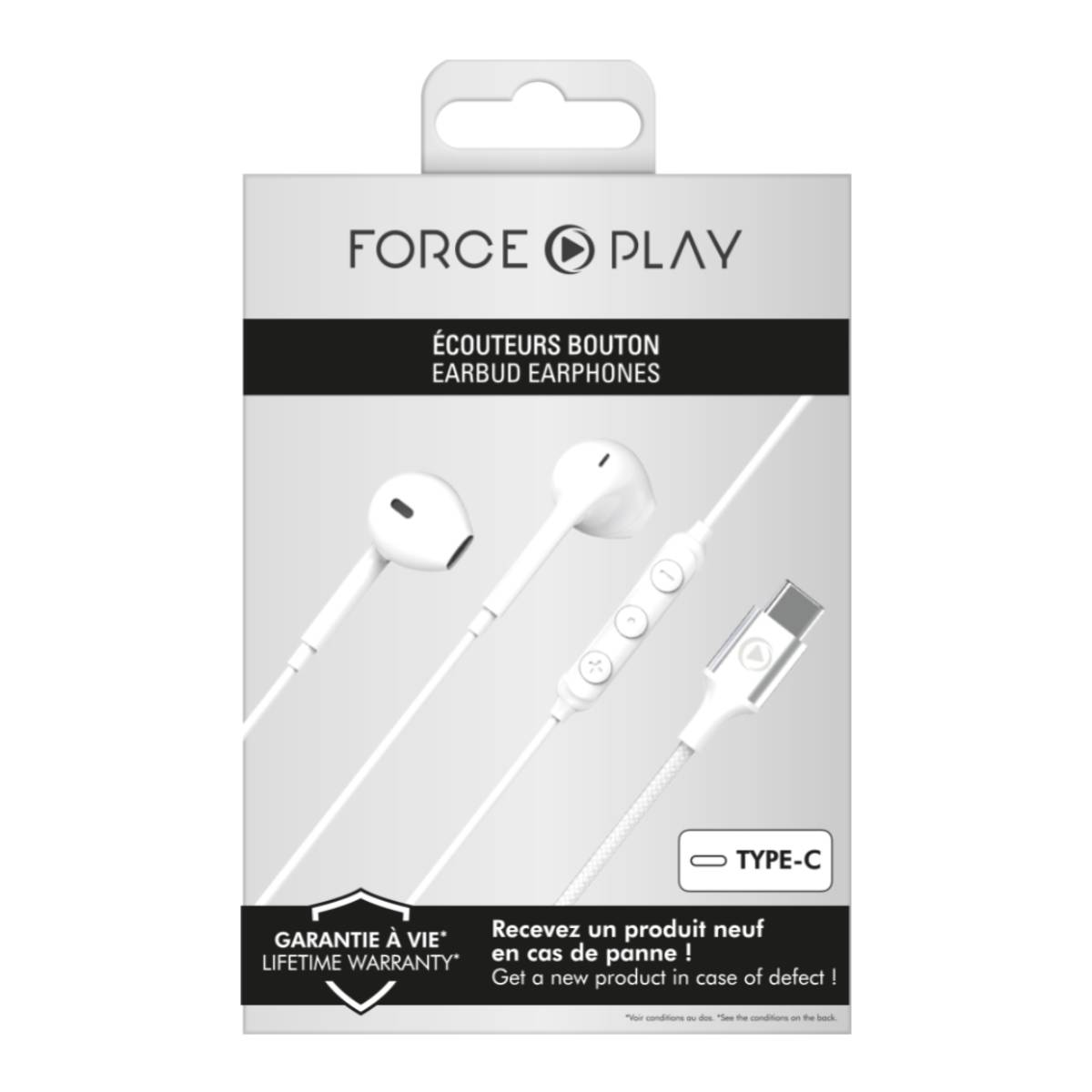 Biało-szare pudełko słuchawek dousznych ze złączem typu C.