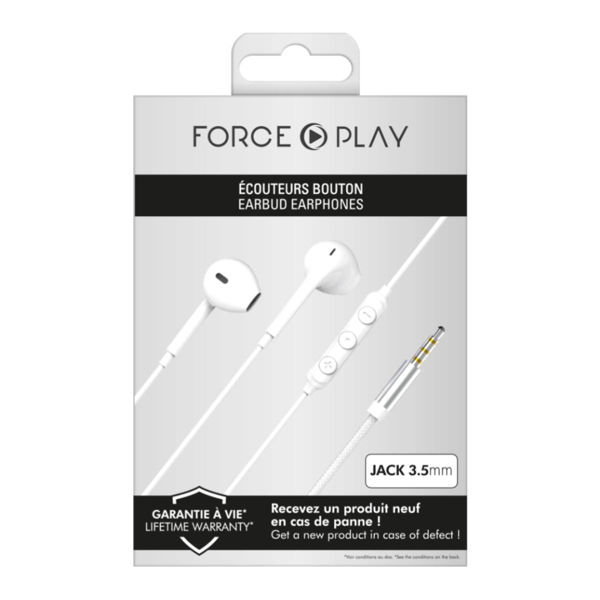 Biało-szare pudełko słuchawek dousznych z wtyczką 3,5 mm.